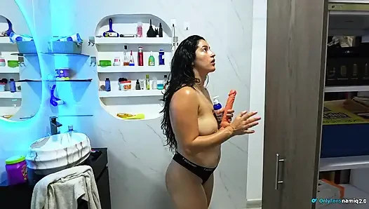 My best friend's mom eats my cock after touching herself!