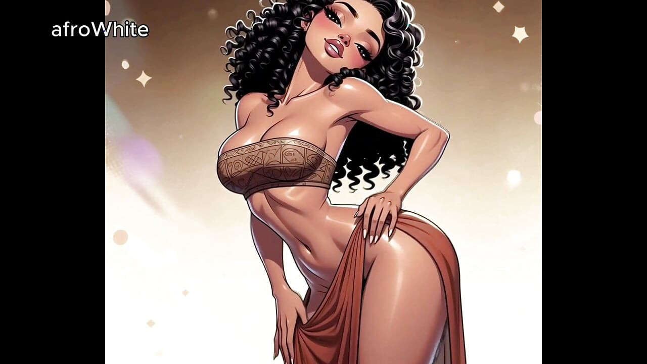 AI genereret - Hentai tegneserie animeret afroamerikansk sort ibenholt europæisk trans gudinde stripper knepper stedsøster rå
