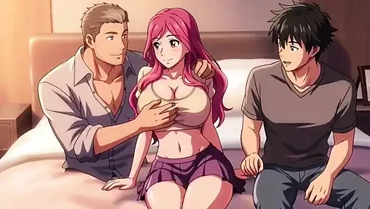 Two boy and one girl threesome in hotel room