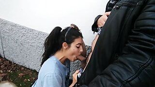 Risky public in the street blowjob with cumshot in the mouth and they almost caught us