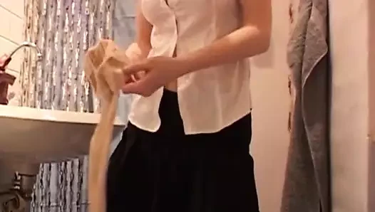 Blonde German in stockings rides dick in the office