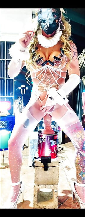 Sexy Shemale White Bodysuit Benito414 Riding Dildo Inside