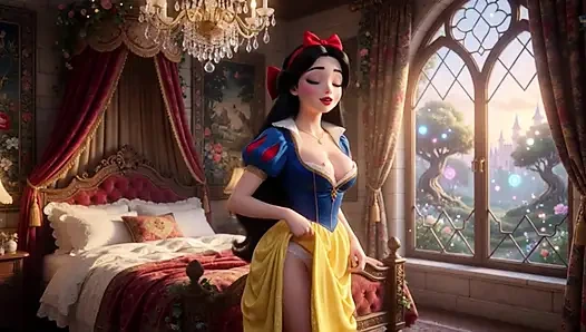 Страстная ночь Белоснежки в спальне зачарованного замка в классическом платье частично открыта для интенсивного удовольствия