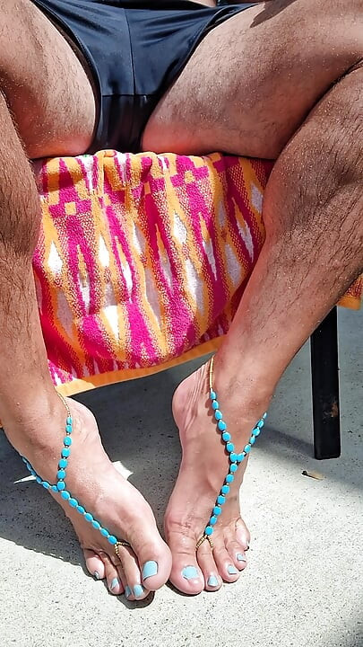 Sitting outside in the sun showing off my barefoot sandals and toes