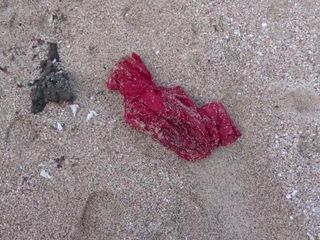 红色连衣裙 1 在海滩上被踢