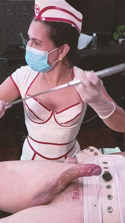 Latex Nurse Dominafire Sounds & Milks Bound Slave in Segufix