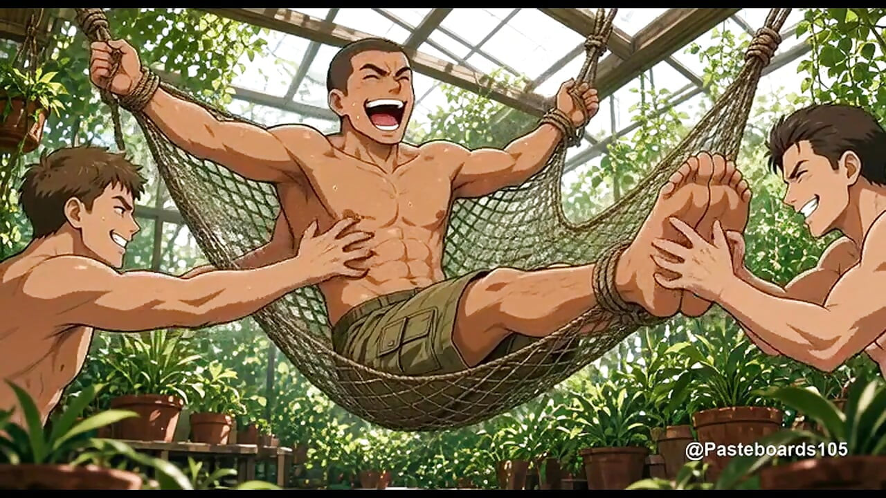 The Greenhouse Bench - Roped Down, Fingers On His Ribs And Bare Feet (2D Anime Bara)