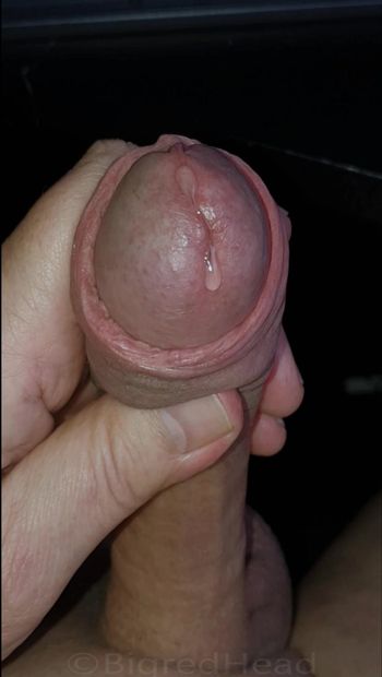 Stroking Big Red Uncut Mushroom for Precum Flow