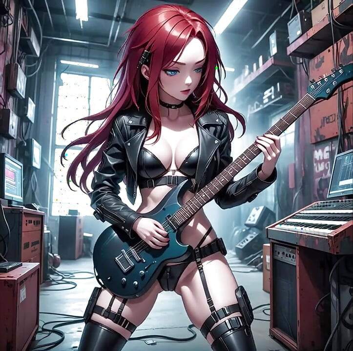 Sexy pelirroja de anime juega en video musical de ia guitarra de metal