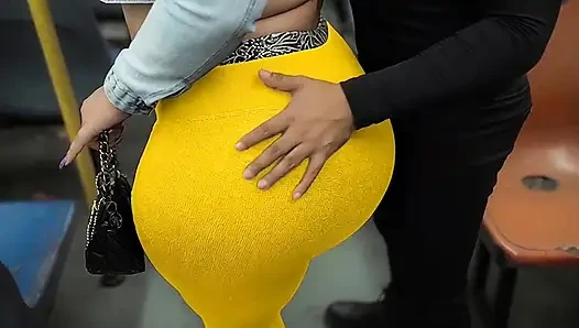 "Masked BBW Teases Huge Ass in Shiny Yellow Leggings on Public Bus"