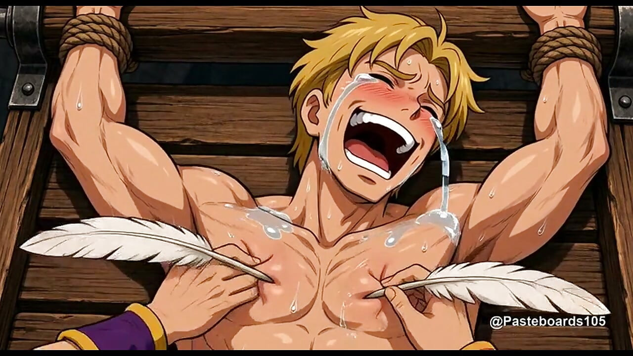 Esticado no cavalete do castelo, os bobos da corte fazem cócegas nas costelas e na barriga nuas dele (2D Anime)