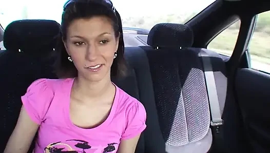 Picked up brunette teen blowing and riding two dicks