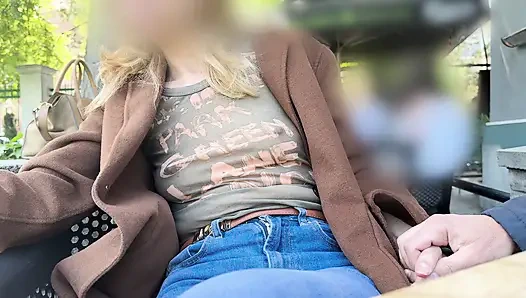 Teasing my husband in a sheer shirt exposing big pierced nipples in oudoor coffee place