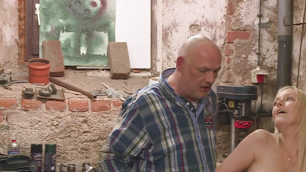 Blonde Babe Sucks Cock and Spreads Pussy in Workshop