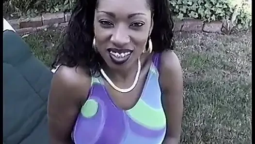 Hot black babe strips then suck on a large black cock