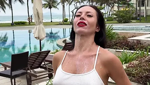 Milking & Getting Messy in See-Through Bodysuit Outdoor
