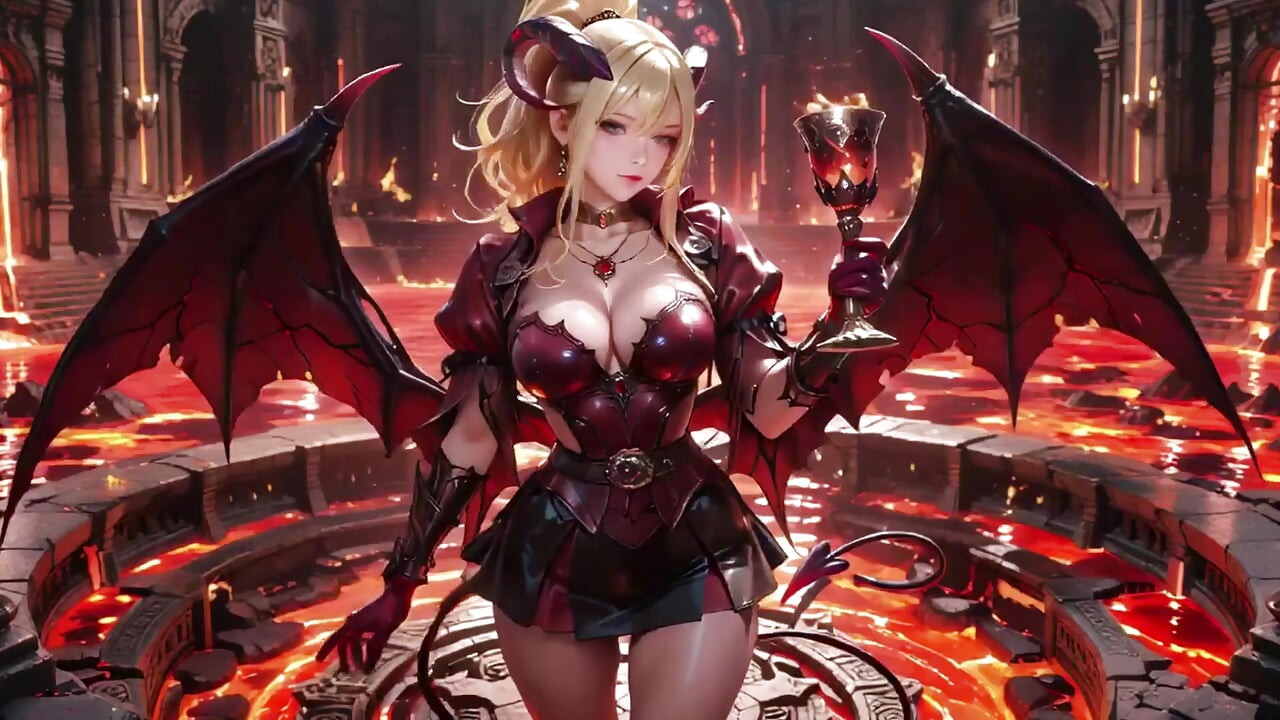 ¡Lava Trono! La reina demonio rubia se arrodilla y abre sus alas, provocación perezosa con un vaso.