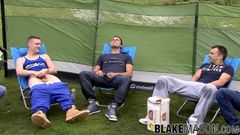 Britische Hengste nehmen beim Picknick im Freien ihre Schwänze raus