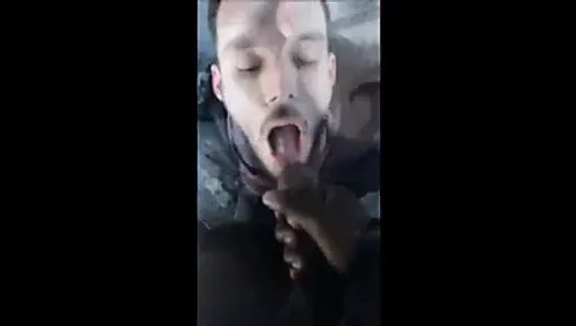 BBC sucker gets the hot cum on a cold day outside