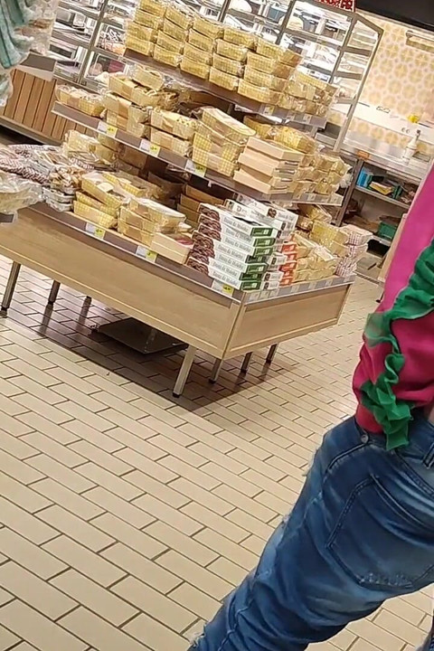 Crazy Rebeca Addams in Jeans Buttcrack at the Supermarket