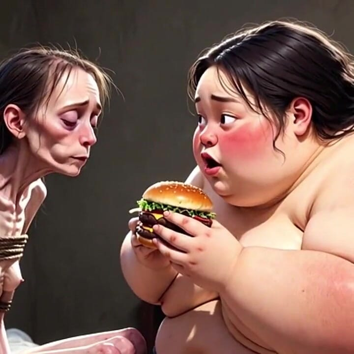 Skinny Girl Getting Fed by Huge Fat Woman - Contrast Feeding Fetish
