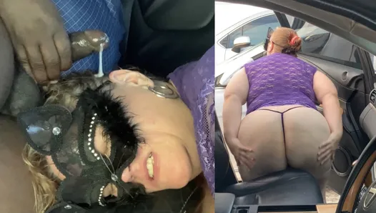 SSBBW, une MILF blonde sexy twerke un gros cul et joue avec ses seins en public devant la voiture (pipe en gorge profonde dans la voiture) POV, noix