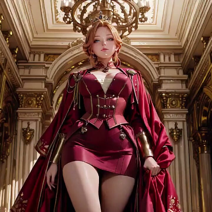 Red Queen on the Golden Throne! Deep Velvet Gown, Lazy Chin Rest, and a Gaze That Locks Onto You. Is She a Ruler or Prey?