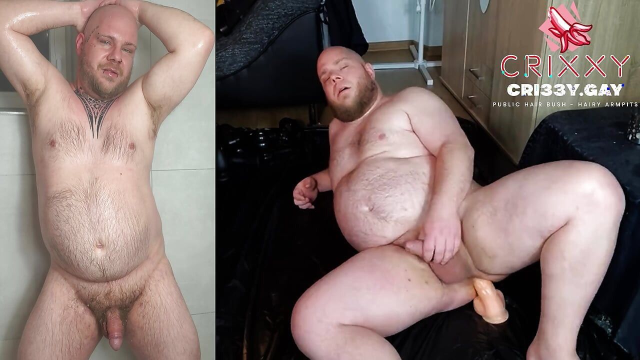 Cri33Y, the filthy hairy chubby, fucks himself so hard with the dildo that the sperm is spraying everywhere.