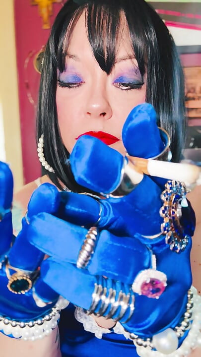 Tina Snua Chain Smokes 2 Cork Cigarettes In Satin With Gloves & Jewellery! - British Mature Smoking Smoker