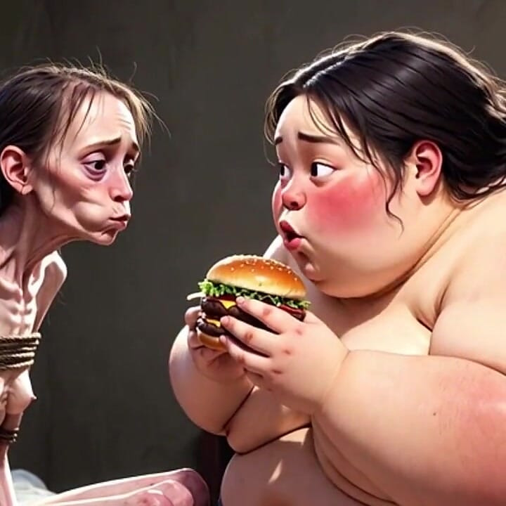 Skinny Girl Getting Fed by Huge Fat Woman - Contrast Feeding Fetish