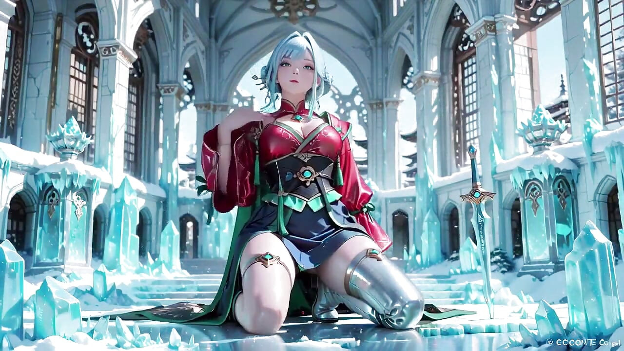 Silver-haired Maid in an Ice Palace! Red & Green Kimono, Legs Spread Wide