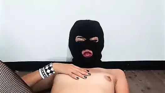 Creamy masturbation using a dildo and a mask