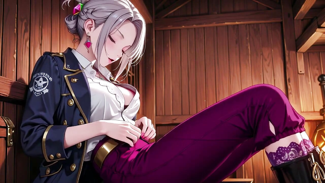 Silver-Haired Pirate Queen! Sun-drenched ship cabin, navy uniform slightly damp, kneeling with a teasing gaze.