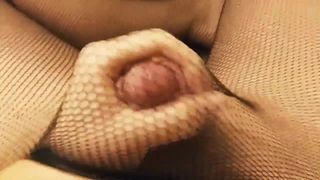 Sissy cums in fishnets