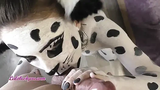Beautiful girl in Dalmatian costume playfully rides Cavalier's big dick
