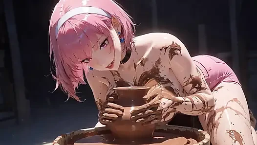 AI Pink Haired Girl Molds Clay Basin & Smears Wet All Over Her Body.