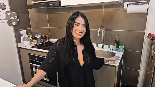 Beautiful redhead with huge tits sucks my cock Jerks me off just before dinner