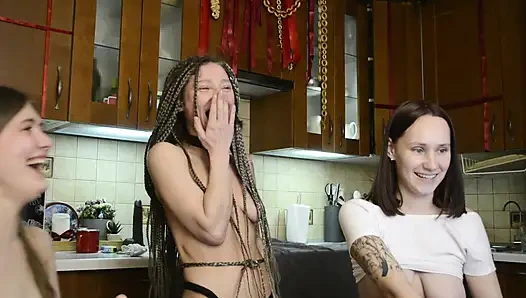 three sinners with wet tongues kissed and licked each other