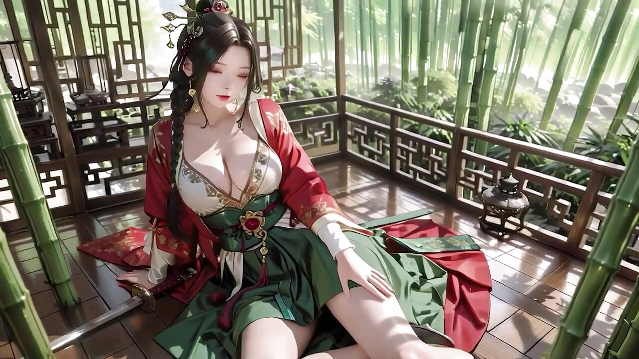 The Red-Robed Goddess in a sun-dappled secret garden, lazily turning her head with golden halos and a coy smile