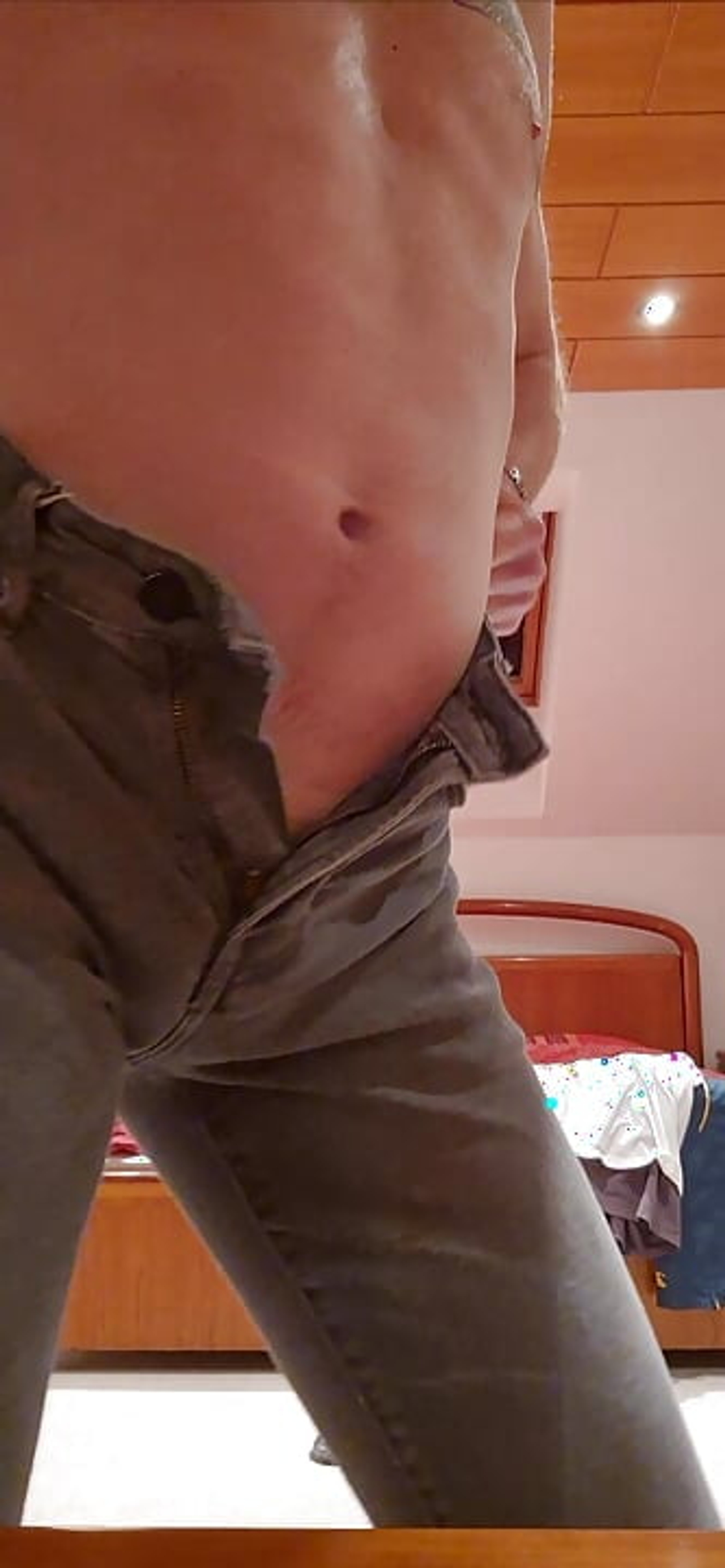 Pulling tight jeans over my little tight bulge