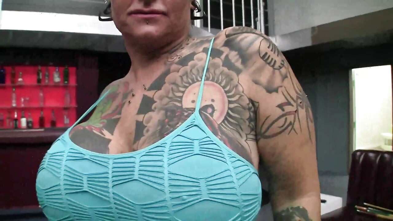 Crazy milf fully tattooed and with huge tits sucks a cock and takes it in the cunt