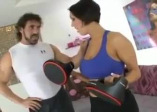 Gorgeous brunette fucks trainer