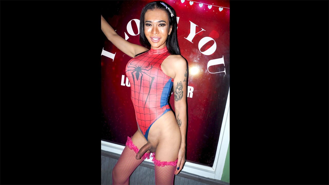 Spiderman theme Asian ladyboy femboy cock sucked and anal fuck