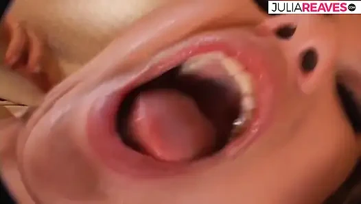 Hot blonde bends over while getting fucked by a huge cock as she sucks another