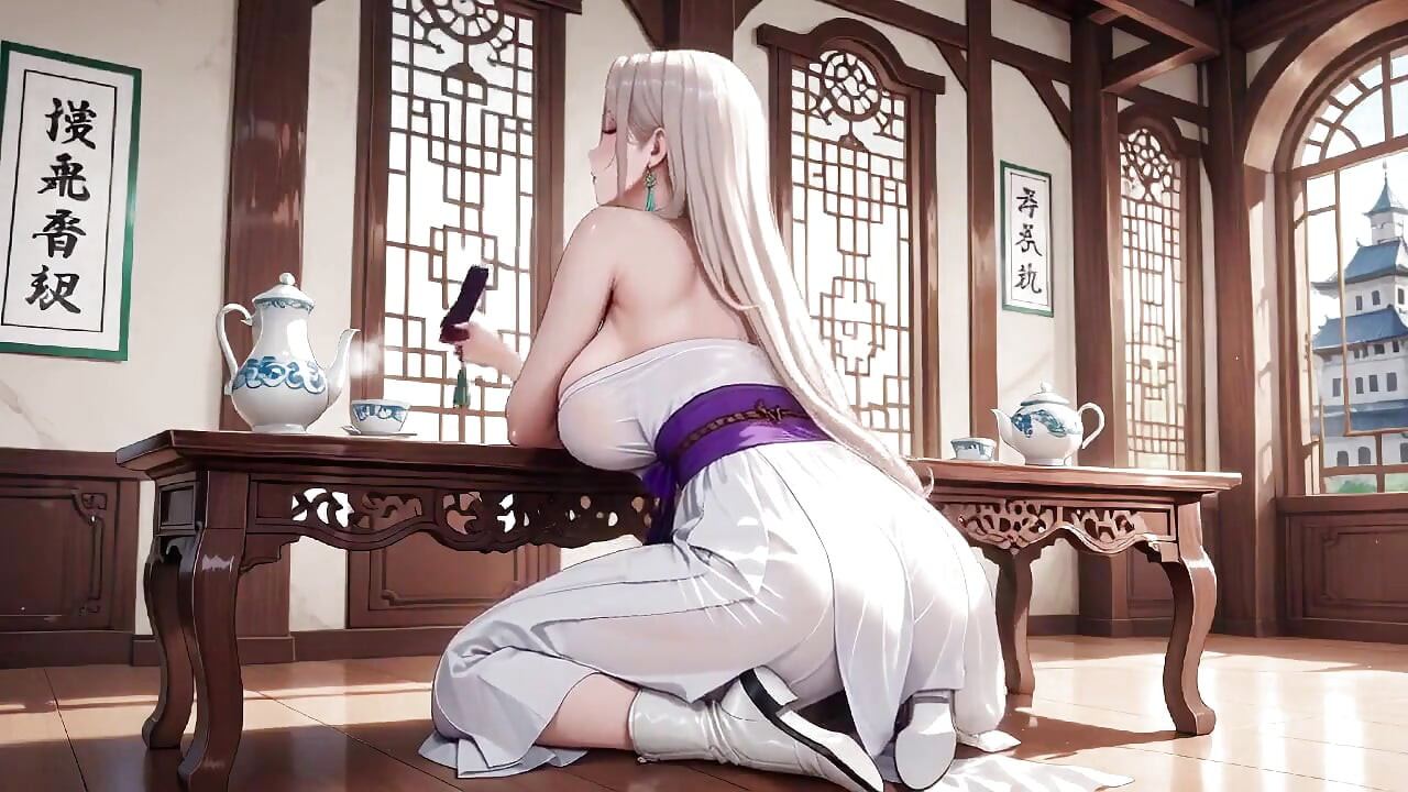 Vit Kimono maid! Knäböjde i den japanska korridoren, enorm slits som avslöjar våta lår under solen.