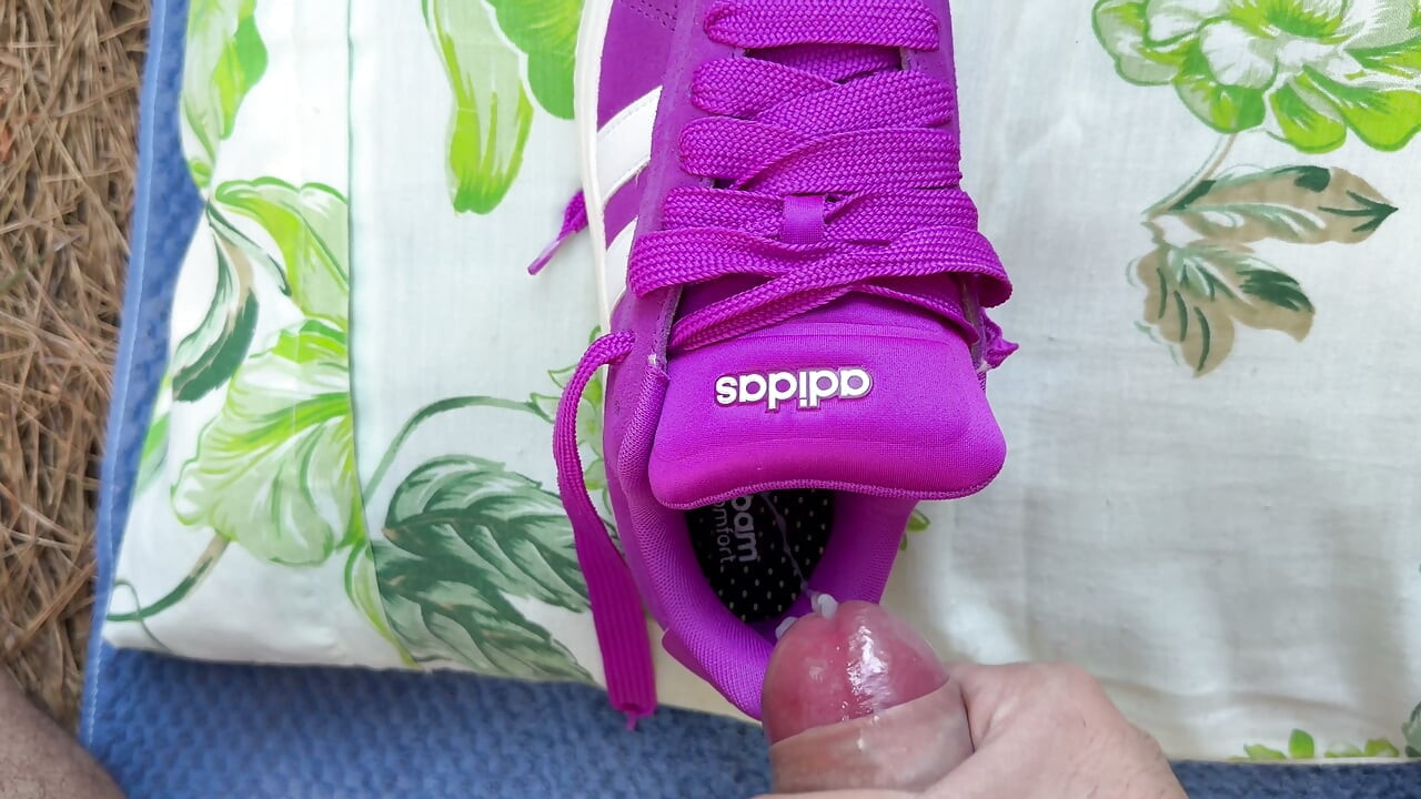 Fucking and cumming outdoors in the park with the wife's new pink Adidas sneaker. First cumshot on him