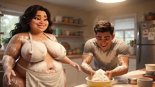 Curvy Latina bakes naked under tiny apron while her young stepson watches every move (AI generated)