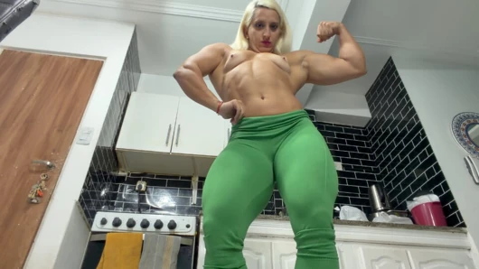 Muscular MILF Worship POV Blonde Latina Flexes Topless in Kitchen