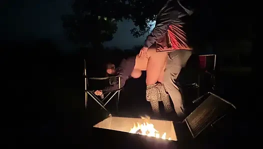 Wife caught masturbating in public restroom, then fucked by the campfire