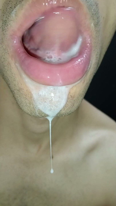 Cum in my mouth, play with your cum, and swallow it, close-up, naughty gay, tongue, sloopy, hot and submissive trans | Clip 1